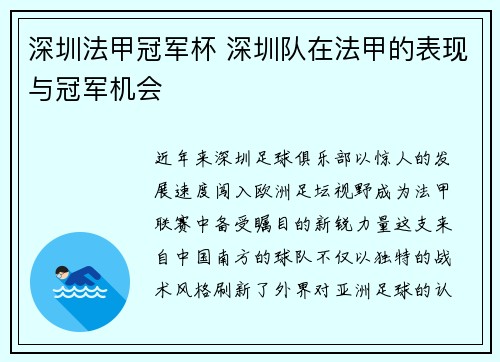 深圳法甲冠军杯 深圳队在法甲的表现与冠军机会