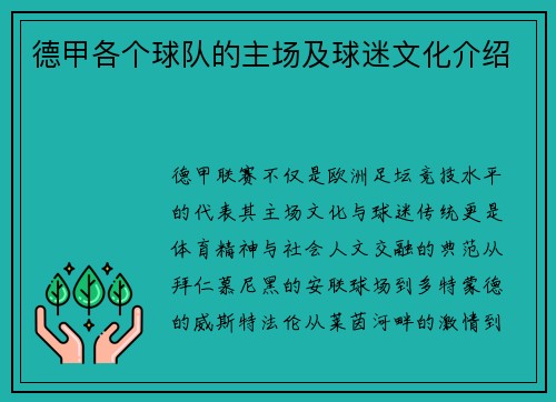 德甲各个球队的主场及球迷文化介绍